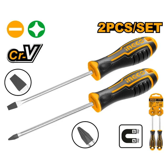 INGCO HKSD0248 2-Piece Screwdriver Set | Premium Chrome Vanadium Steel Round Blades | SL6.5 & PH2 Magnetic Tip Drivers with Ergonomic Soft Grips