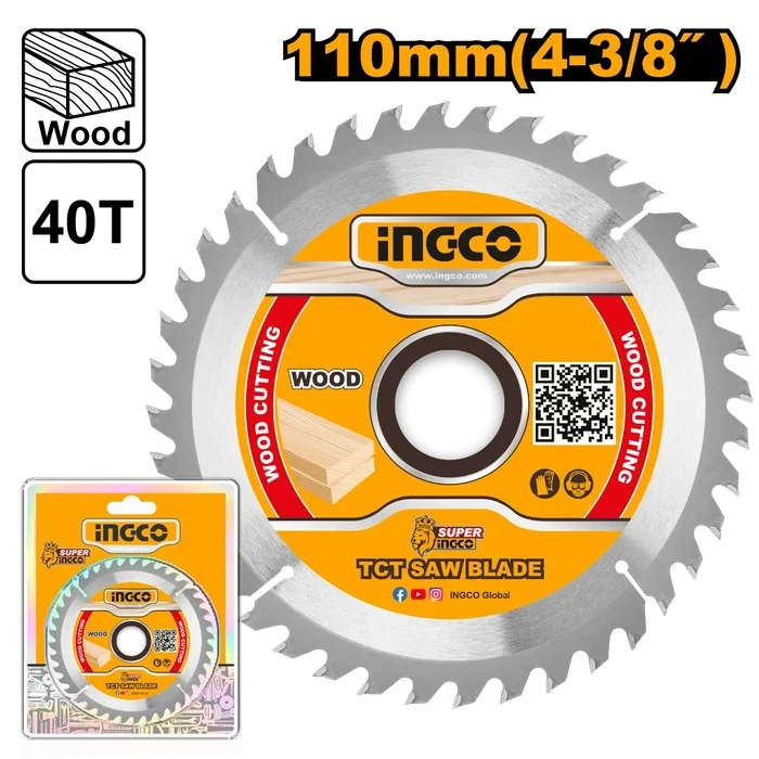 INGCO 110mm (4-3/8") 40T Professional TCT Wood Cutting Saw Blade | Heavy-Duty Carbide Tipped Blade with 20mm Bore & 16mm Reducer Ring | TSB111015