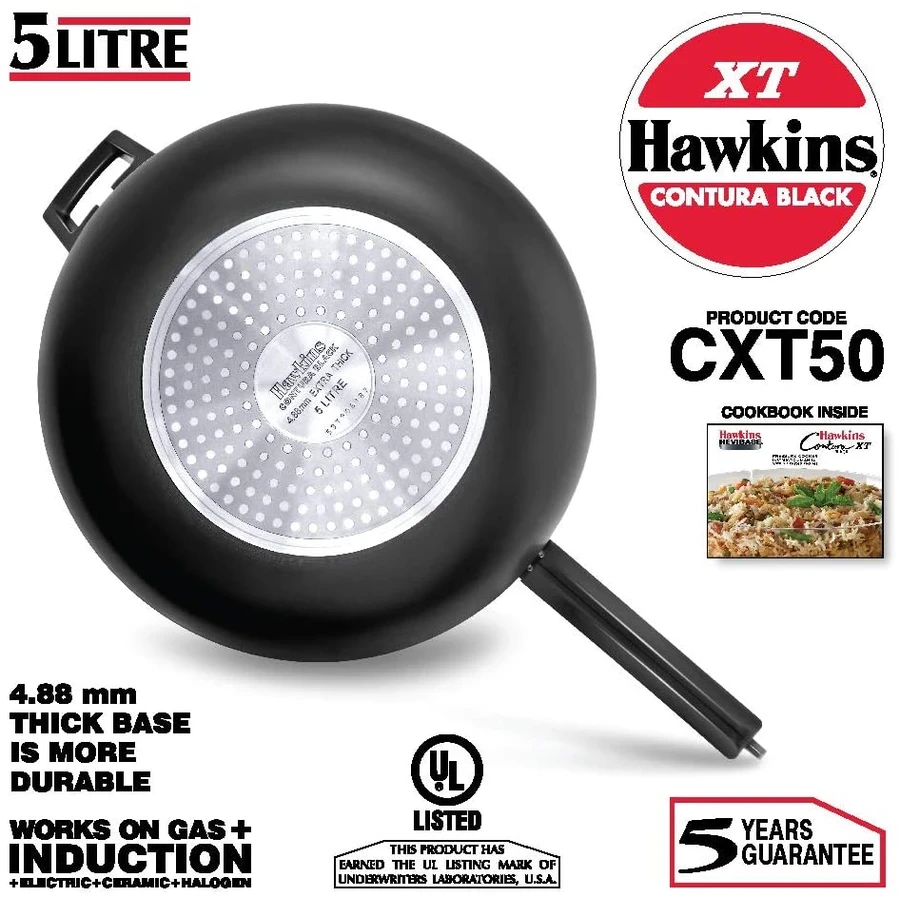 Hawkins CXT50 5L Contura Black XT Pressure Cooker | 4.88mm Extra Thick Base | Induction Compatible | Hard Anodised | Black