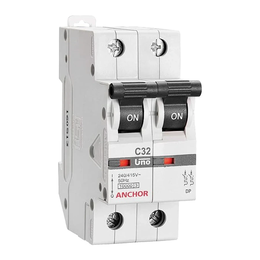 Anchor UNO DP MCB 25A 'C' Curve 98021 - Double Pole, Medium Current Capacity, Panel Mount Standard Circuit Breaker