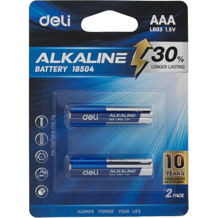 Deli AAA Alkaline Battery (2 Pack) E18504 - High Energy Ratio for Calculators, Toys, and High Drain Devices