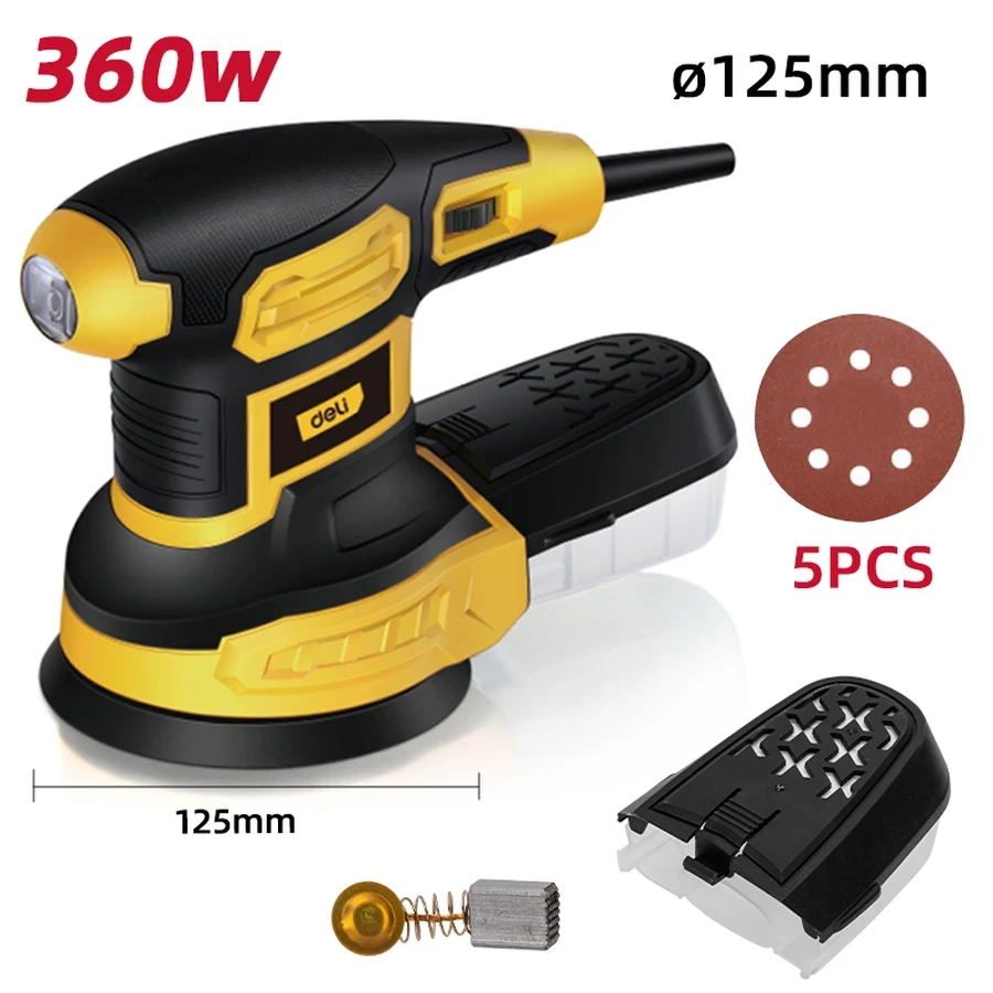 EDL-SG125-E3 Rotary Sander 360W - 125mm Pad, Variable 6-Speed (6,000-12,000 RPM), High Material Removal, Dust Collection Port (Yellow)