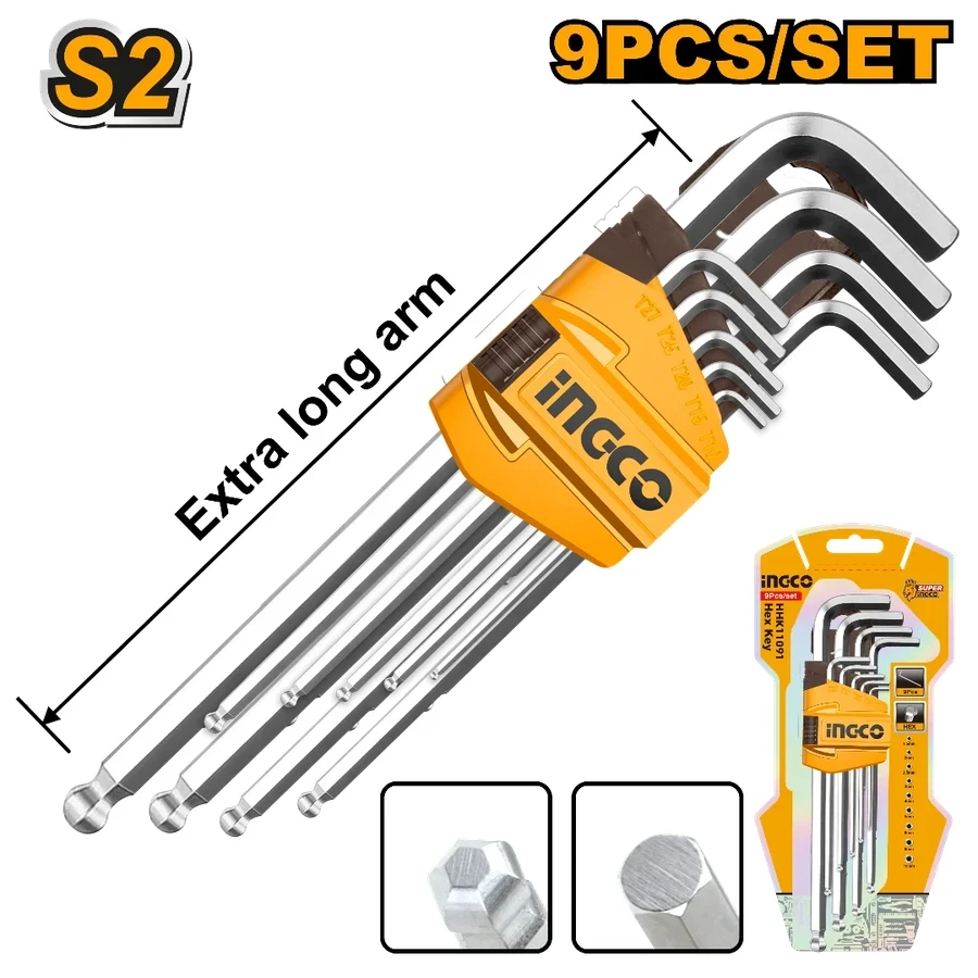 9 Pcs Ball Point Hex Key Set | HHK12092 | Extra-Long Arm | Cr-V Steel