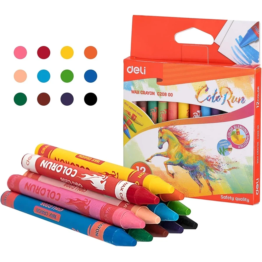 Deli Wax Crayon Set - 12 Vibrant Colors, Round Point Tip for Smooth Drawing, Ideal for Kids and School Projects EC20800