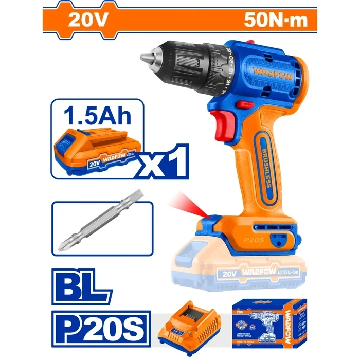 Wadfow 20V Cordless Brushless Drill Driver Kit with 1.5Ah Battery & Charger | 50Nm High-Torque 10mm Keyless Chuck 2-Speed Power Tool | WCDP5521