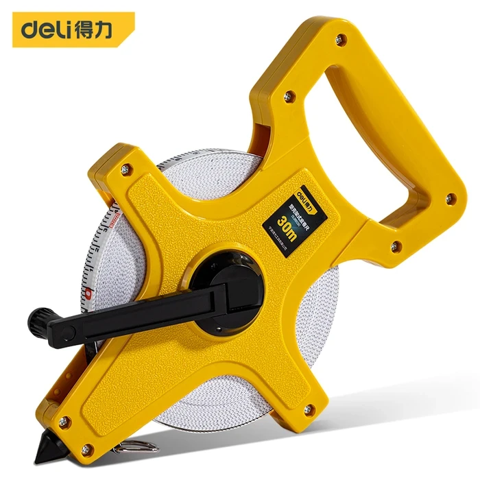 Deli Tools DL98030 30m Fiberglass Measuring Tape | Non-Conductive Stretch-Resistant 12.5mm Blade with Stand-Type Yellow Case & Dual Scale