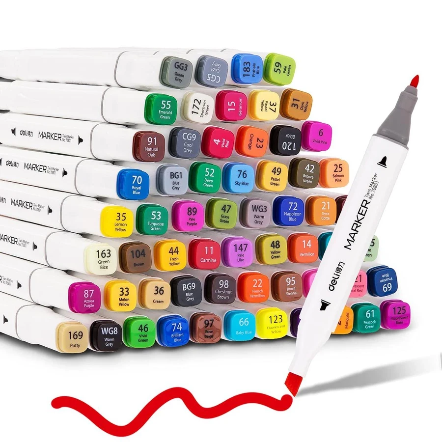 Deli Dual-Tip Professional Alcohol Sketch Markers | Instant Dry & Seamless Blending | E70803-12 / 24 / 36 / 60