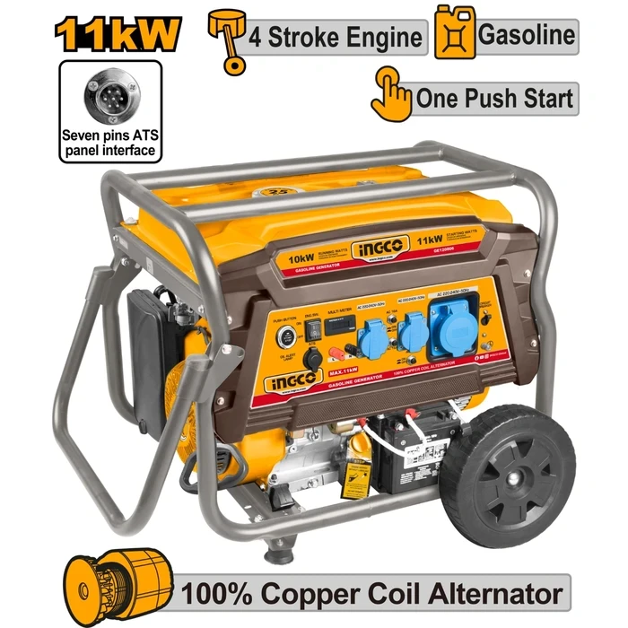 INGCO 11kW Heavy Duty Gasoline Generator | 10kW Rated 4-Stroke 550mL OHV Engine | 7-Pin ATS Interface & One-Push Electric Start | 25L Fuel Tank Copper Alternator | GE120006