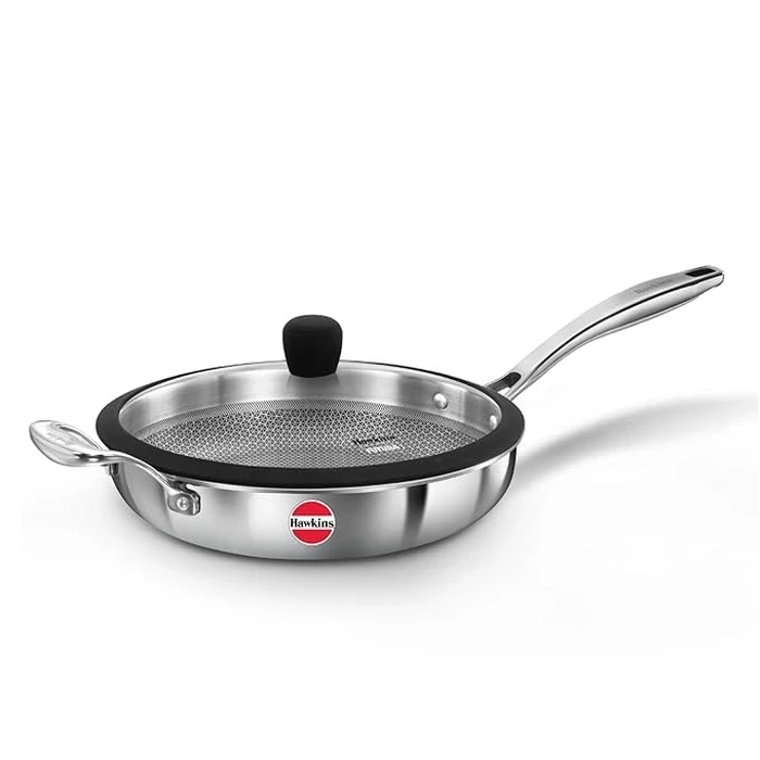 Hawkins Pro 26 cm Nonstick Triply Frying Pan with Glass Lid | Extra Thick 3mm Stainless Steel Even Heat Distribution | Stay Cool SS Handle Gas & Induction Compatible | PSNF26G