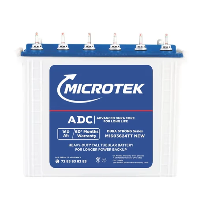 Microtek 12V 160Ah Heavy Duty Dura Strong Tall Tubular Inverter Battery | Dura Core Technology Low Antimony Power Cell with Water Level Indicators | M1603624TT