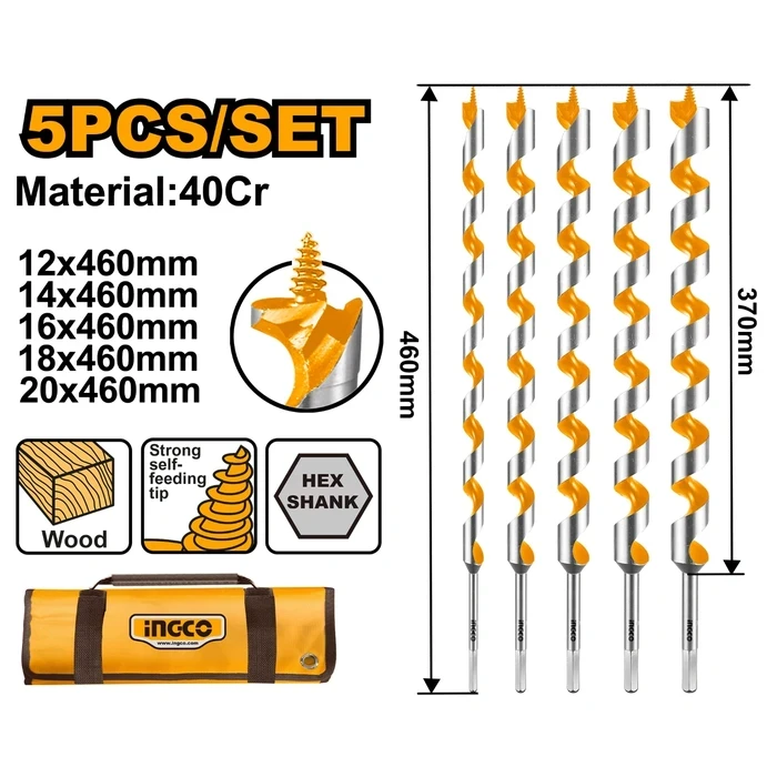 INGCO 5-Piece Long Timber Auger Drill Bits Set with Hex Shank | 460mm Total Length & 370mm Deep Working Depth for Hardwood, Softwood, and Wet Wood Boring | DBW0501
