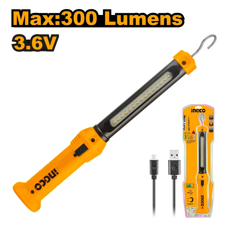 INGCO Cordless LED Work Lamp | 300 Lumens Dual Mode | Rechargeable Li-Polymer | HWLI35261