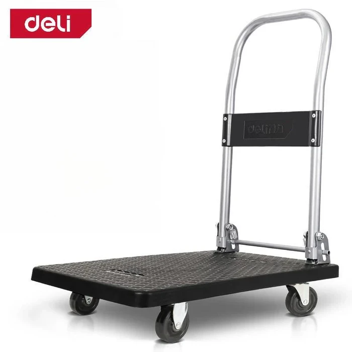 Deli Tools DL6110 100kg Foldable Flat Cart | 660 x 400mm High-Strength PP Platform Hand Truck with Quiet Ball-Bearing PVC Swivel Casters