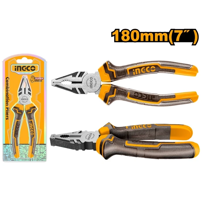 INGCO 7" / 180mm Professional Combination Pliers | Heavy-Duty #55 Carbon Steel Wire Cutting & Gripping Pliers with Anti-Rust Finish | HCP08188
