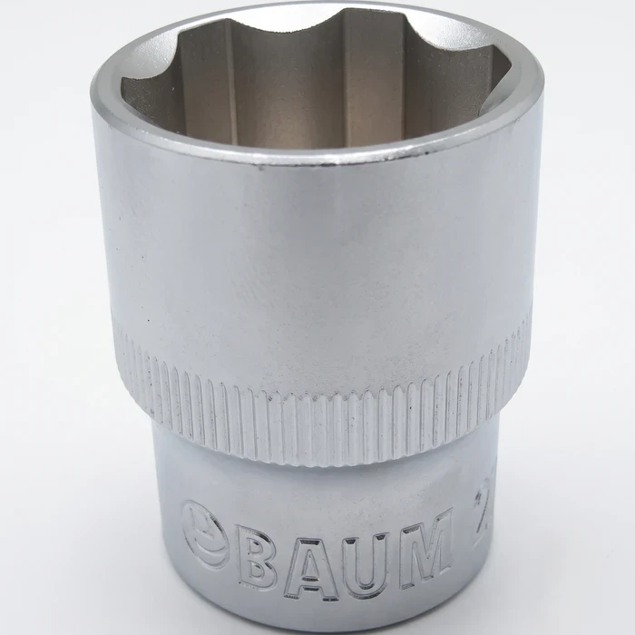 BAUM Heavy-Duty 1/2" (12.7mm) Drive Chrome Vanadium 12-Point Bi-Hex Socket | Matte Double Chrome Plated Finish with Slotted Knurled Base | Model ART 237 (Sizes 8mm to 19mm)