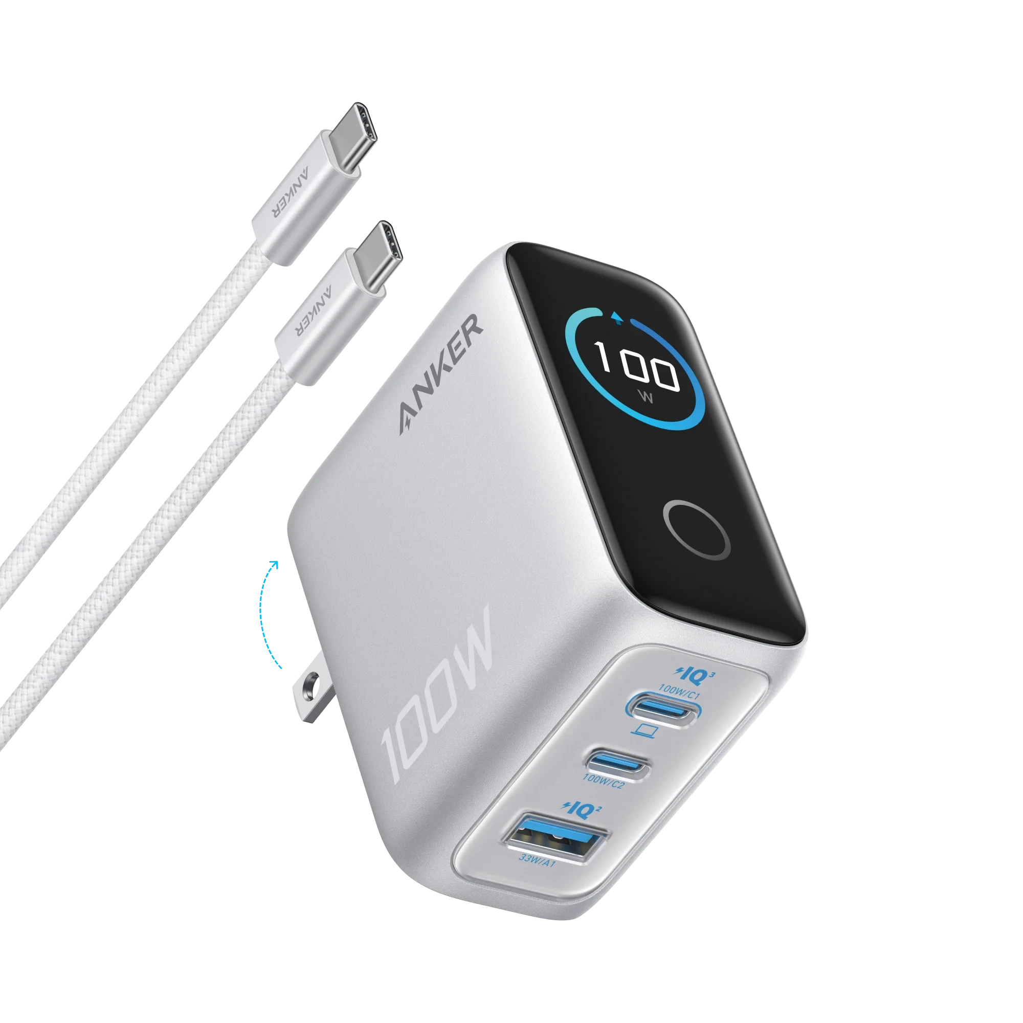 Anker 100W GaN 3-Port Fast Wall Charger (2x USB-C, 1x USB-A) | Real-Time Smart LCD Display & Foldable Plug in Premium Silver (with 4.9ft USB-C Cable)