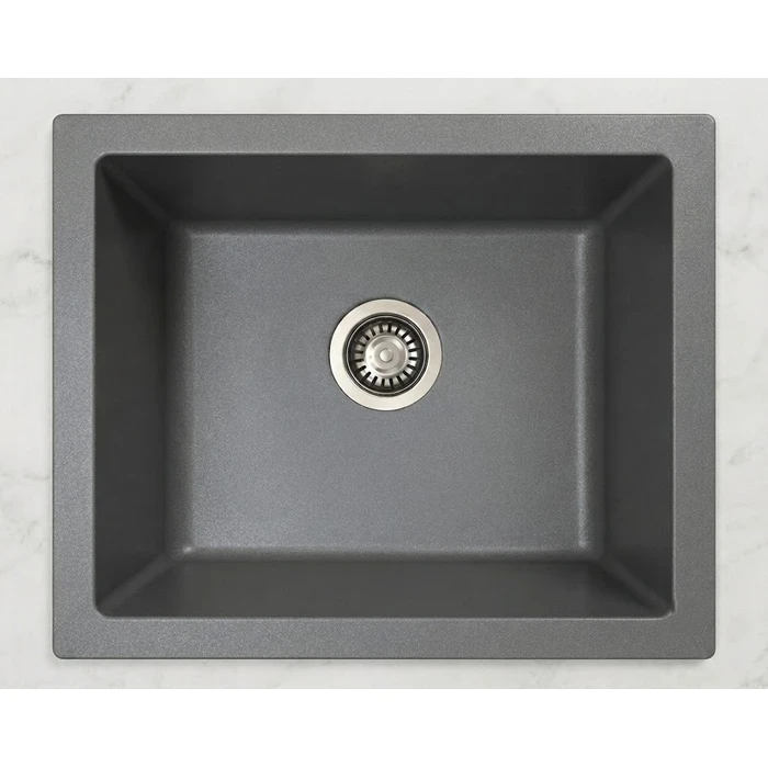 TOYO 24x18 Inch Metallic Dark Grey Quartz Composite Kitchen Sink | Scratch-Resistant Single Bowl Basin with Marine-Grade SS 304 Waste Coupling | TOYO-24182