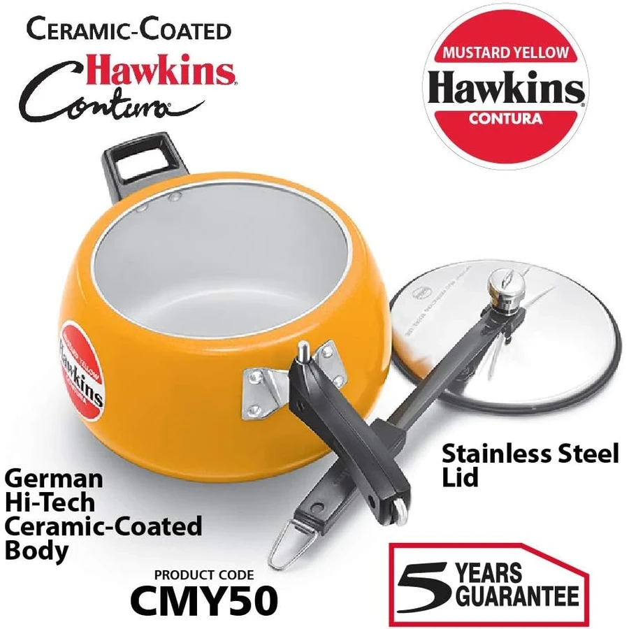 Hawkins CMY50 5L Contura Pressure Cooker | German Ceramic Coating | Rapid Heating Black Base | Mustard Yellow | Stainless Steel Lid