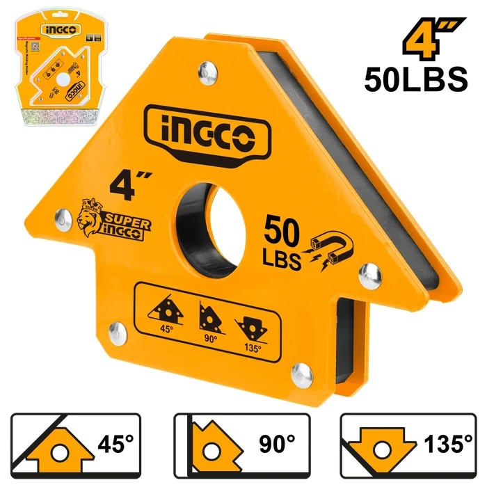 INGCO AMWH50041 4" Magnetic Welding Holder | 50 Lbs Heavy-Duty Pull Force | 45°, 90° & 135° Multi-Angle Arrow Fabricator Jig Sheet Metal Clamp