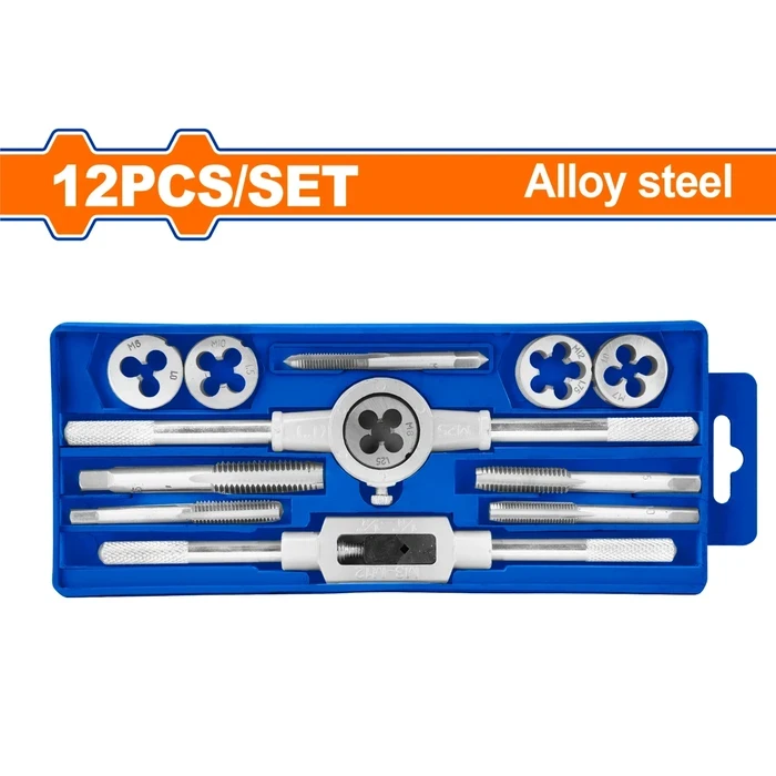 INGCO 12 Pcs Metric Tap & Die Set (M5-M12) | Heavy-Duty Thread Cutting & Repair Tool Kit with Zinc Alloy Wrench Holder & M25 Die Stock | WAJ1L01