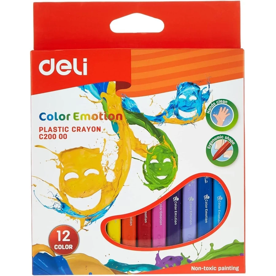 Deli Color Emotion Plastic Crayons - 12 Piece Multicolor Set with Ergonomic Trihedral Shape and Safe Non-Toxic Coating EC20000