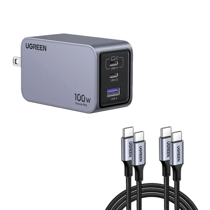 UGREEN Nexode Pro 100W 3-Port GaN Fast Charger | 2x USB-C & 1x USB-A PD 3.0 / PPS Ultra-Slim High-Speed Power Adapter (US Plug) | Nexode Pro Series