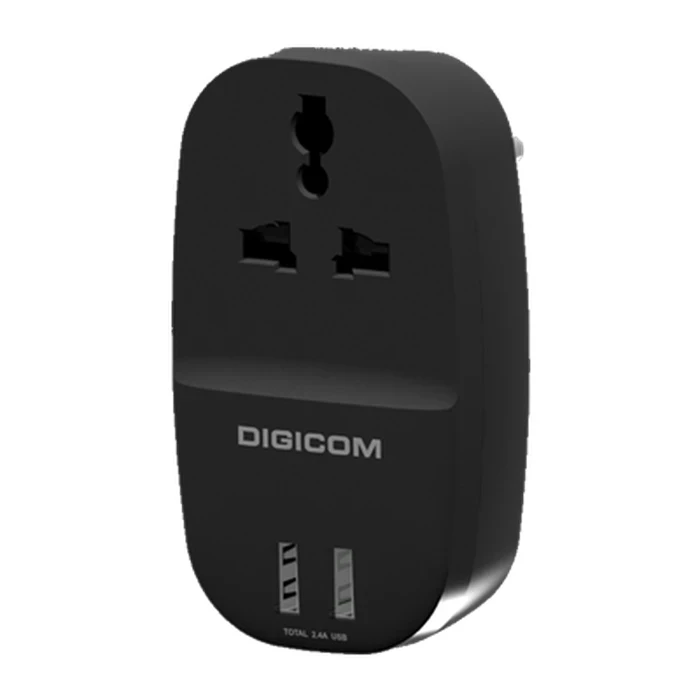 Digicom DG-T12U 1 Port Universal Socket & 2 USB Ports | 15A High Load Logic | Travel Optimized & 2500W Power Capacity | 2.4A USB