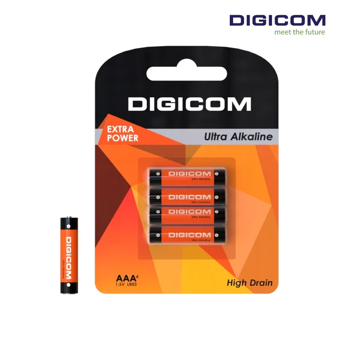Digicom AAA Alkaline Batteries LR03-4B | Ultra Long Lasting Power Logic | Leak Proof & Premium High-Drain Energy System | 4 Pcs Blister