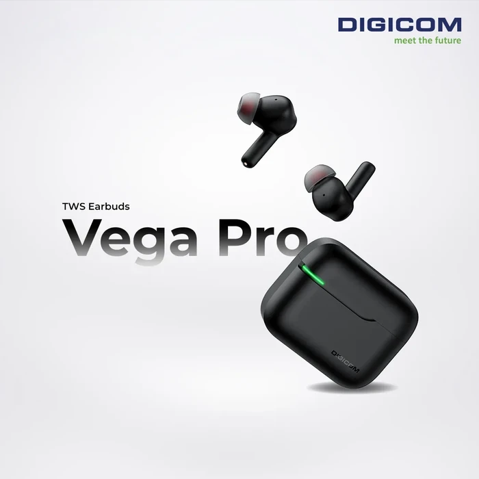 Digicom Vega Pro ANC TWS Earbuds | 60-Hour Total Playtime Logic | 12mm Drivers & Dual Pairing | IPX5 Water Resistant | Black
