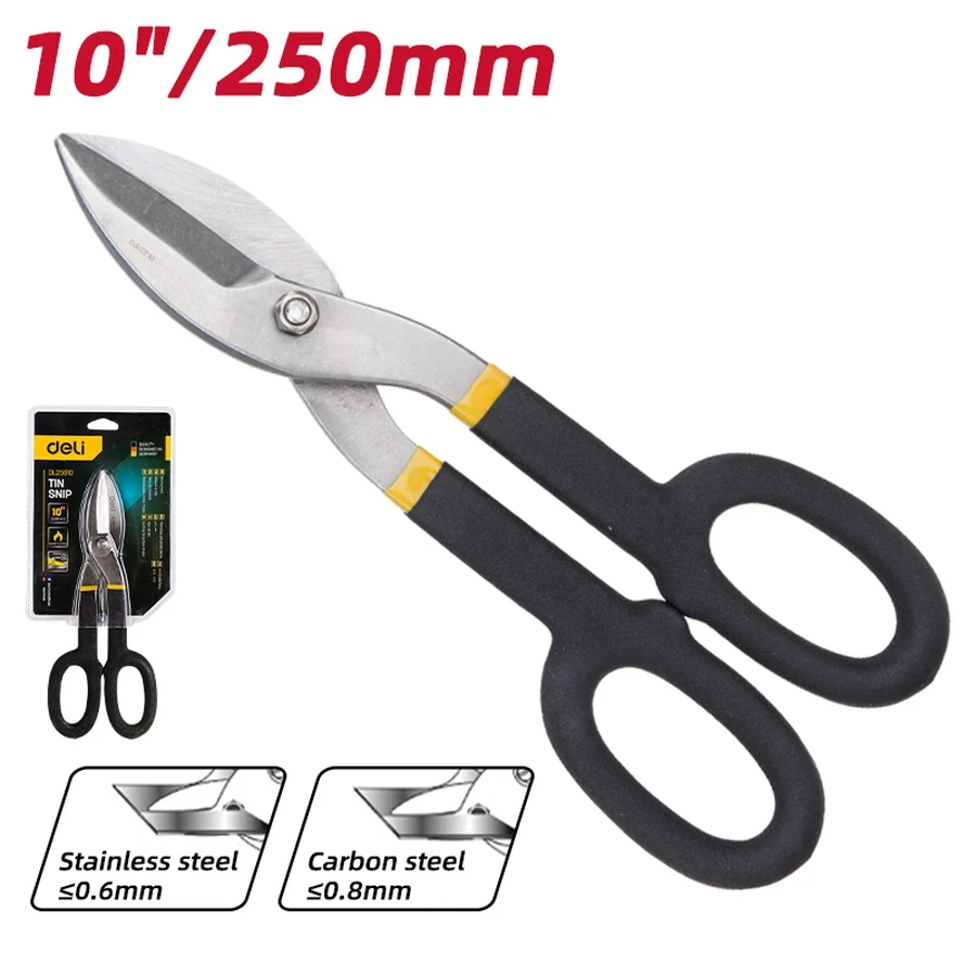 EDL25910 Professional Tin Snips 10" - Drop Forged 55# Steel, Cuts 0.8mm Carbon/0.6mm Stainless Steel, Anti-Slip Double-Dipped Handles (Yellow)