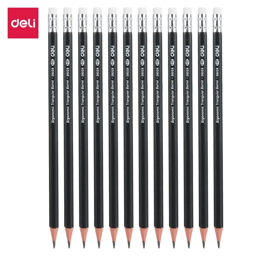 Deli 12-Pack Triangular Graphite Pencils | Break-Resistant Strong Lead | Ergonomic Grip | E38029