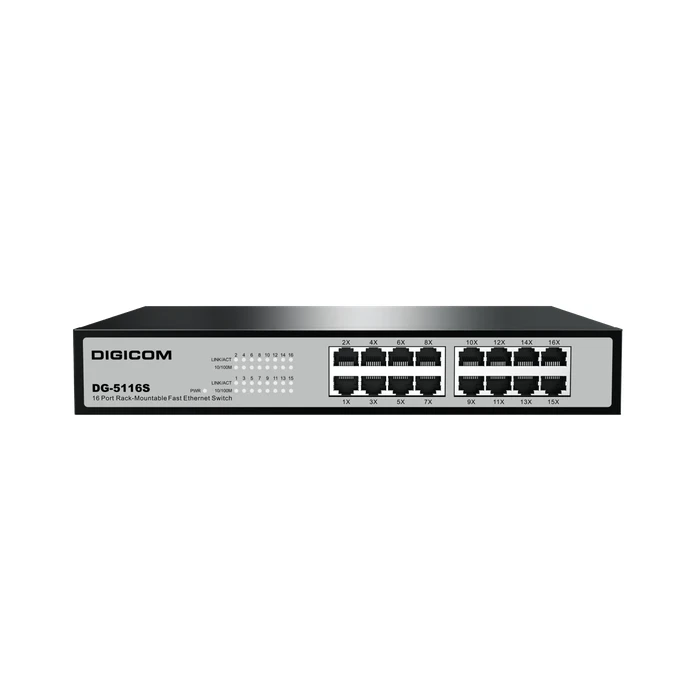 Digicom DG-5116S 16 Port 1U Rack Mount Switch | 10/100 Mbps Fast Ethernet Logic | RLT8316E Chipset & Internal Power System | 16 Ports