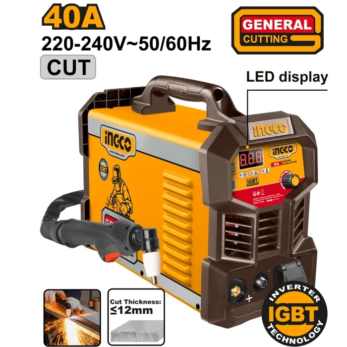 INGCO 40A Professional IGBT Inverter Plasma Cutter Machine | Heavy-Duty 12mm Max Severance Metal Cutting Station with Torch, Earth Clamp & Air Regulator | ING-CUT4058