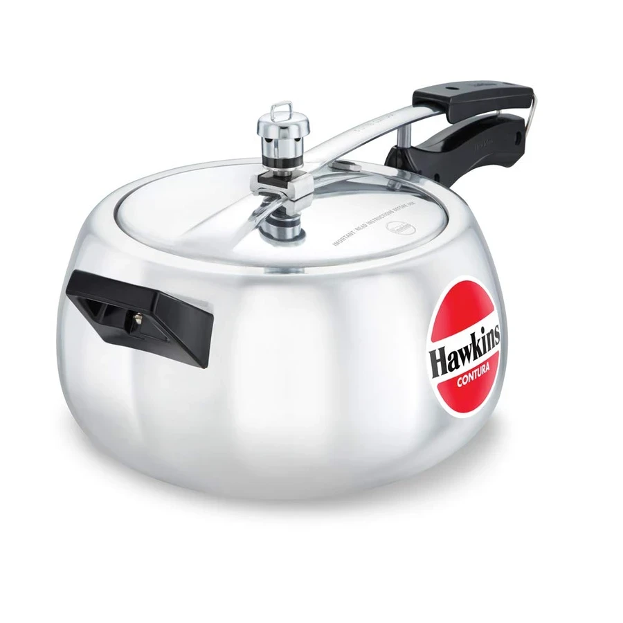 Hawkins HC50 5L Contura Pressure Cooker | Unique Rounded Body for Easy Stirring | Inner Lid Locking | Virgin Aluminium | Silver