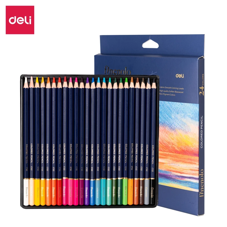 DELI FINENOLO Colored Pencils - 24 Colors, 3.8mm Rich Pigment Leads, High-Quality Soft Bass Wood, and Hexagonal Barrel EC131-24