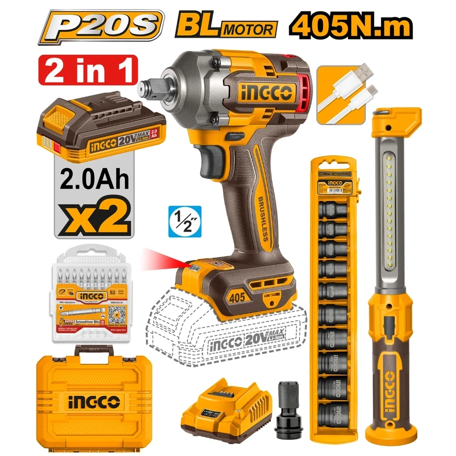 Cordless 2-Pcs Professional Combo Kit | 20V Impact Wrench & Work Lamp