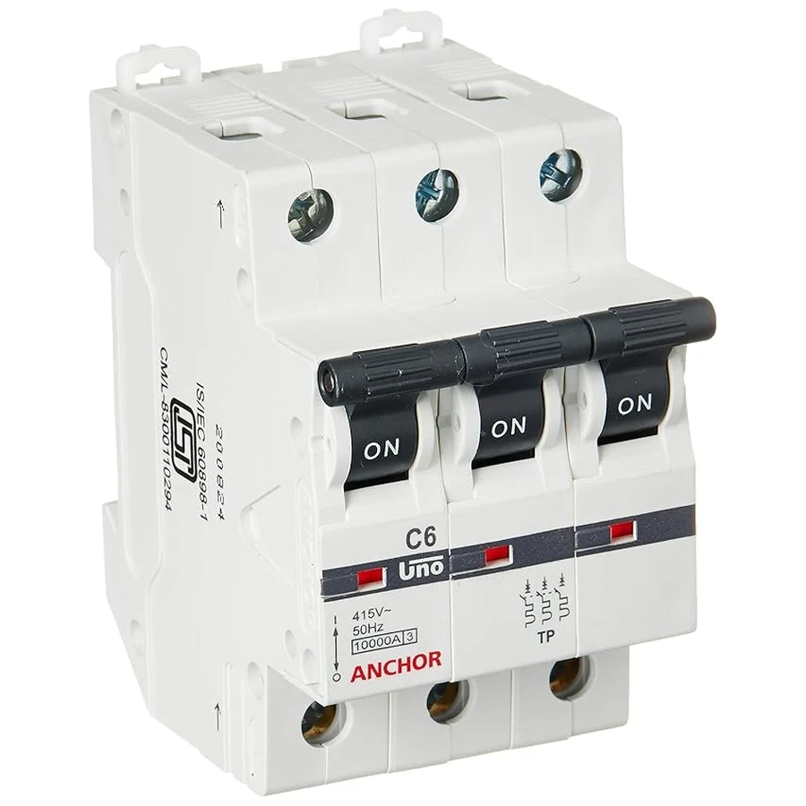 Anchor UNO TP MCB 6A 'C' Curve 98025 - Three Pole, Low Current Capacity, Wall Mount Standard Circuit Breaker