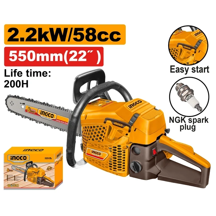 INGCO 58cc 2.2kW Professional Gasoline Chainsaw | Heavy-Duty 22" (550mm) Timber Cutting Petrol Saw with Easy-Start Recoil & NGK Spark Plug | GCS5582211