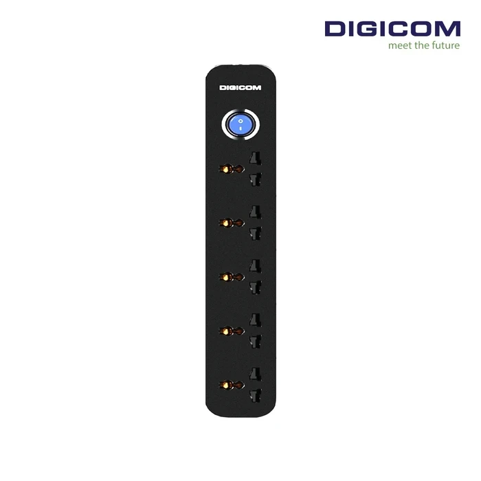 Digicom DG-V50 5 Port Universal Power Strip | 15A High Current Logic | Nanosecond Surge Protection & Flame Retardant | 2 Mtr. & 3 Mtr. Options