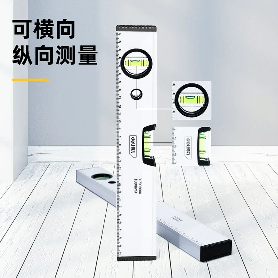DL700300C Compact Spirit Level 300mm (12") - High-Precision Vials, Durable Aluminum Body, Essential Tool for Home and Professional Use (Silver Finish)
