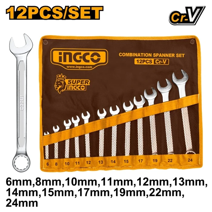 INGCO HKSPA1142 12-Piece Combination Spanner Set | Drop-Forged Chrome Vanadium Steel 6-24mm Metric Wrenches with Fine Polished Finish & Roll-Up Canvas Pouch