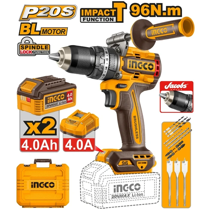 INGCO 20V Cordless Brushless Impact Drill | 96Nm High Torque 2-Speed Hammer Drill with Jacobs Metal Chuck, Auxiliary Handle, Dual 4.0Ah Batteries, Charger, and 11-Piece Accessorial Drill Bit Set | CID