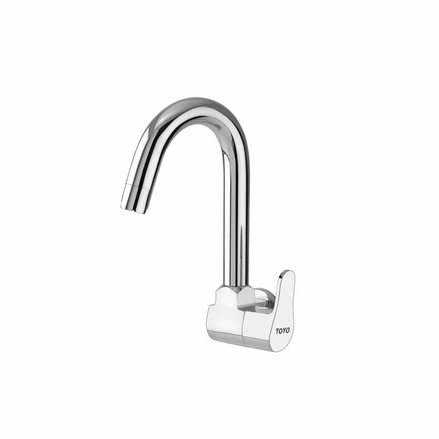 TOYO EM-51225 Wall Mounted Sink Cock - 3/4 Inch Connection, Brass Side Handle, Regular Swinging Spout, CP Chrome Finish