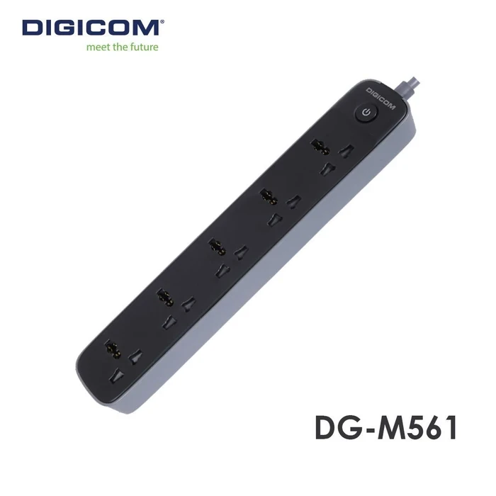 Digicom DG-M561 5 Port Universal Extension Socket | 2500W High Power Loading Logic | Child Safety Shutter & Copper Terminals | 2 Mtr. Cable