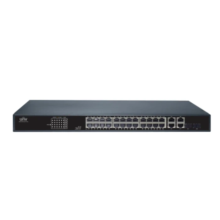 UNV 24-Port Gigabit 1U Rack Mount Unmanaged PoE Switch with 400W Budget, 4 Gigabit Uplinks & 250m Extend Mode | NSW2010-26GT2GC-POE-IN