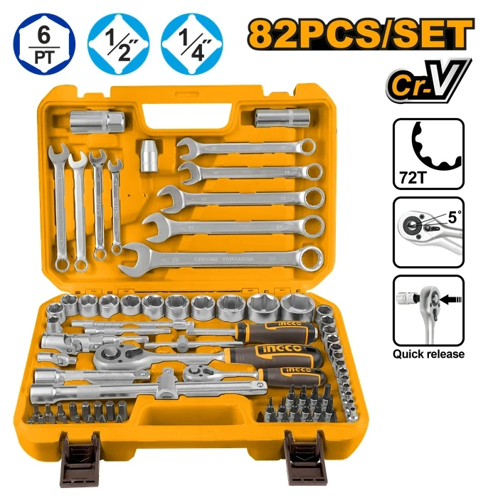 INGCO 82-Piece Professional 1/4" & 1/2" Drive Socket Set | Premium 50BV30 Cr-V Steel Master Mechanics Kit with 72-Tooth Ratchets, Combination Wrenches & Spark Plug Sockets | HKTS42802