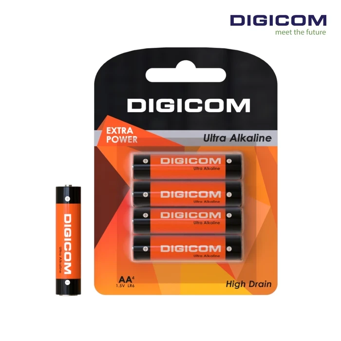 Digicom AA Alkaline Batteries LR6-4B | Ultra Long Lasting Power Logic | Leak Proof & Premium High-Drain Energy System | 4 Pcs Blister