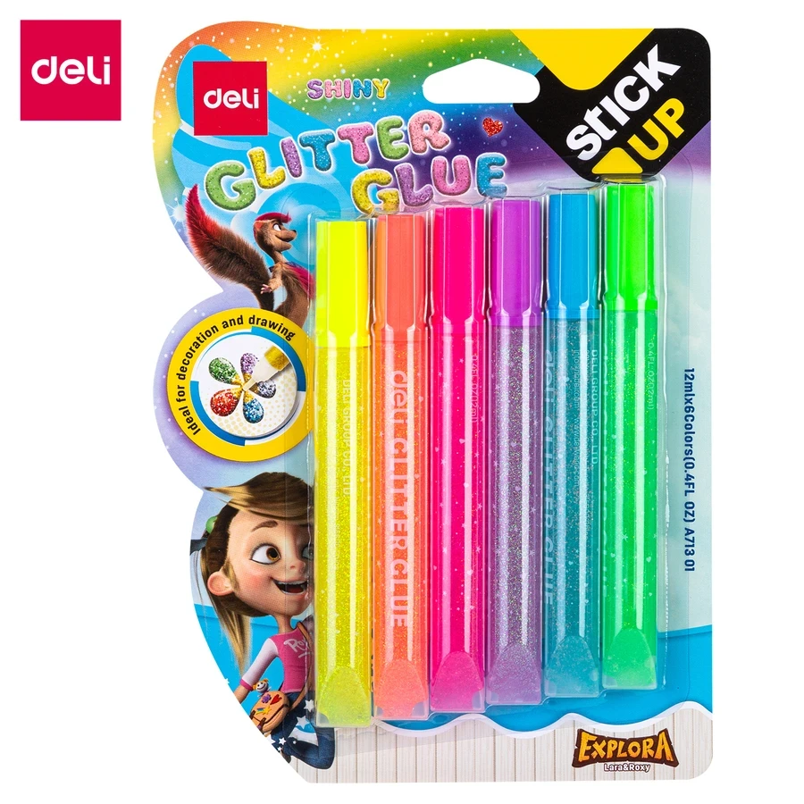 Deli Shinny Glitter Glue Set A71301- 6 Vibrant Sparkling Colors for Drawing and Decoration, 12ml Individual Tubes for Kids and Crafters