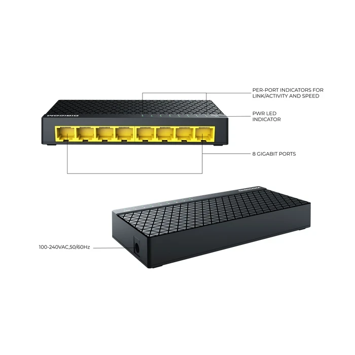 Digicom DG-5108GC 8 Port Gigabit Desktop Switch | 10/100/1000 Mbps High Speed Logic | RTL8370N-VB Chipset & Full Duplex System | 8 Ports