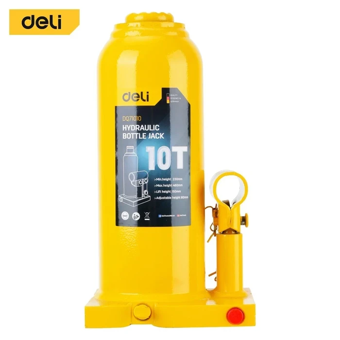 Deli Tools EDQ71010 10-Ton Hydraulic Bottle Jack | Heavy-Duty Welded Steel Vehicle Lift with Safety Overload Valve & 230mm - 460mm Height Range